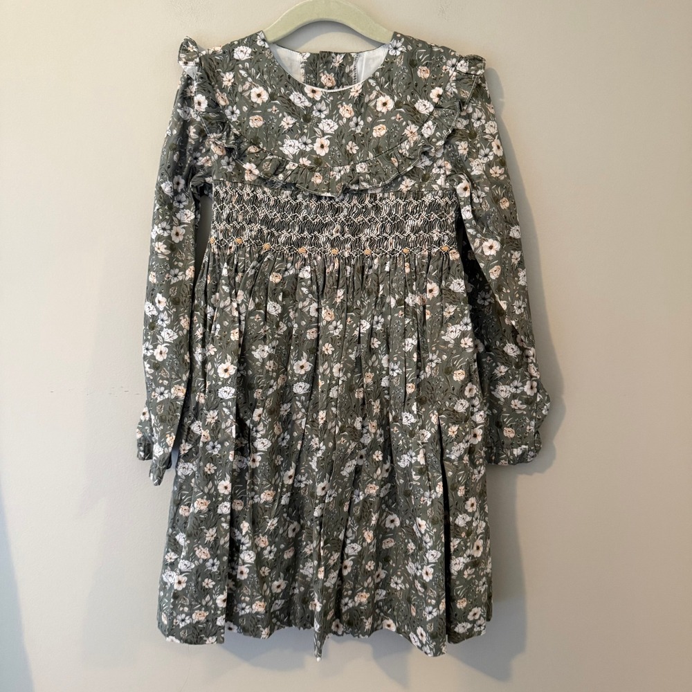 La Coqueta Girls Olive Green Floral Smocked Dress Ruffle Collar Size 8Y